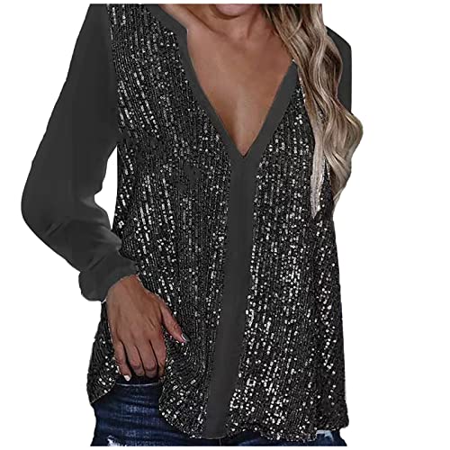 TOALOL Glitzer Oberteil Damen Sommerbluse Sexy Mode T-Shirt Tunika Bluse Langarm V-Ausschnitt Pullover Lässige Frühling Streetwear Locker Party Festliche Blusen Damen zur Hochzeit (Schwarz, XXL) von TOALOL