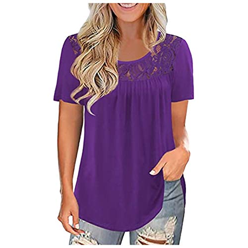 TOALOL Plus Size Sommerbluse Damen Kurzarm Spitzentop Patchwork Oberteil Blusenshirt T-Shirts Frühling Schöne Elegant Basic Shirt Tunika Party Lässig Streetwear Schicke Blusen (Violett, XXXXXL) von TOALOL