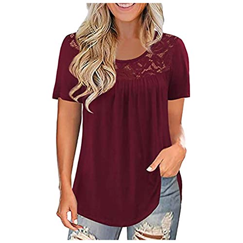 TOALOL Plus Size Sommerbluse Damen Kurzarm Spitzentop Patchwork Oberteil Blusenshirt T-Shirts Frühling Schöne Elegant Basic Shirt Tunika Party Lässig Streetwear Schicke Blusen (rot, XXL) von TOALOL