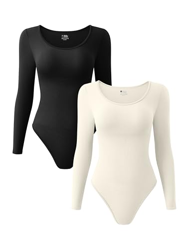 TOB Damen 2 Stück Bodys Sexy Gerippt Langarm Rundhals Stretch Tops Bodys, Schwarz, Beige, M von TOB