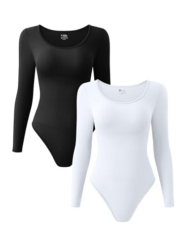 TOB Damen 2 Stück Bodys Sexy Gerippt Langarm Rundhals Stretch Tops Bodys, schwarz, weiß, M von TOB