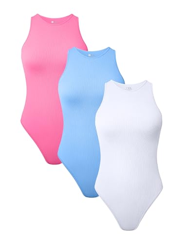 TOB Damen 3 Stück Bodys Sexy Gerippt Ärmellos Neckholder Shapewear Bodys, Phosphor Candyblue Weiß, L von TOB