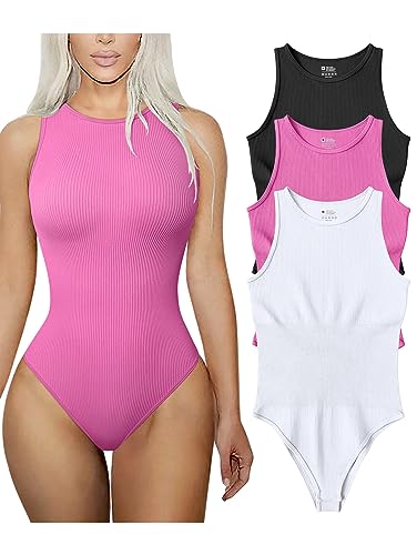 TOB Damen 3 Stück Bodys Sexy Gerippt Ärmellos Neckholder Shapewear Bodys, Schwarz / Rosa / Weiß, XL von TOB