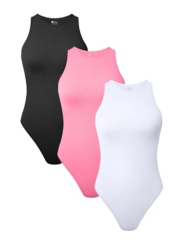 TOB Damen 3 Stück Bodys Sexy Gerippt Ärmellos Neckholder Shapewear Bodys, Schwarz Candypink Weiß, M von TOB