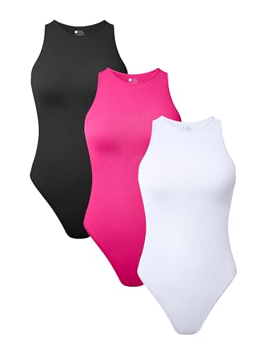 TOB Damen 3 Stück Bodys Sexy Gerippt Ärmellos Neckholder Shapewear Bodys, Schwarz Pitaya-pink Weiß, L von TOB