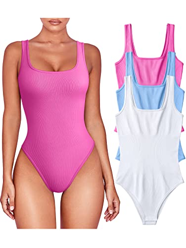 TOB Damen 3 Stück Bodys Sexy Gerippt Ärmellos Quadratischer Ausschnitt Shapewear Bodys, Schwarz Candyblue Weiß, S von TOB