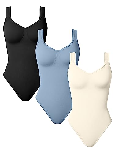 TOB Damen 3 Stück Bodys Sexy Gerippt Ärmellos Shapewear Tank Tops Bodys, Black Haze Blau Beige, M von TOB