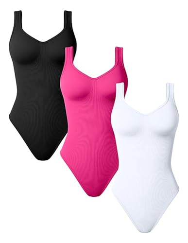 TOB Damen 3 Stück Bodys Sexy Gerippt Ärmellos Shapewear Tank Tops Bodys, Schwarz / Rosa / Weiß, L von TOB