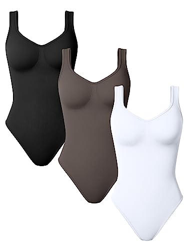 TOB Damen 3 Stück Bodys Sexy Gerippt Ärmellos Shapewear Tank Tops Bodys, Schwarzes Teeblatt, Weiß, L von TOB