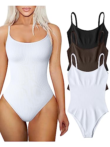 TOB Damen 3 Stück Bodysuits Sexy Gerippte Verstellbare Spaghettiträger Ärmellose Tops Shapewear Bodysuits, Schwarz, Dunkelbraun, Weiß, L von TOB