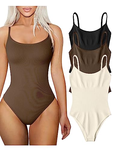 TOB Damen 3 Stück Bodysuits Sexy Gerippte Verstellbare Spaghettiträger Ärmellose Tops Shapewear Bodysuits, Schwarz, Kaffee, Beige, S von TOB