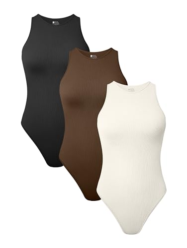 TOB 3-teiliger Damen-Body, sexy, gerippt, ärmellos, Neckholder, Shapewear, Schwarz, Kaffee, Beige, M von TOB