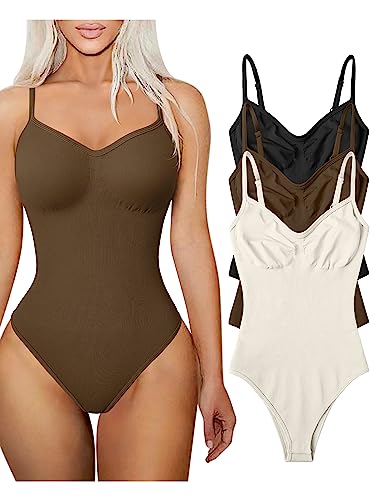 TOB Damen-Bodysuit, 3-teilig, sexy, gerippt, ärmellos, verstellbar, Spaghetti-Streifen, Tops, Bodys, Schwarz, Kaffee, Beige, M von TOB