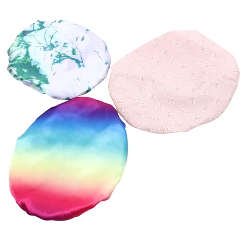 TOBBOMEY 3 Stück Doppellagige Wasserdichte Duschhauben mit Elastischem Wiederverwendbare Haarhauben für Damen und Mädchen Schützen Haare Beim Duschen Baden und Reinigung Modische Bunte von TOBBOMEY