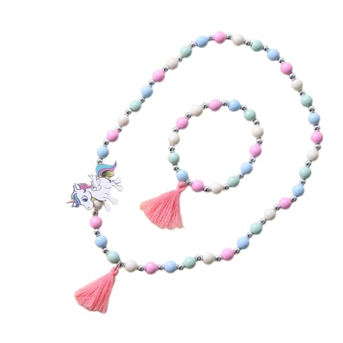 TOBBOMEY Schmuck Holzperlen Armband und Halskette mit Einhorn Anhänger Buntes Rutschfestes Bastelset für Junge Mädchen Modisches Accessoire für Geburtstag und Party von TOBBOMEY