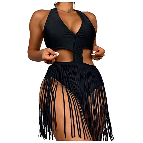 TOBILE Bauchkontrolle Bademode Bademode Damen Einteiler Badeanzug Solid Schwarz Bodysuit Fransen Monokini Sexy Neckholder Rückenfrei Badeanzug Damen Strandkleidung von TOBILE