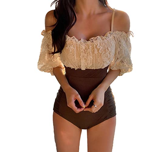 TOBILE Bauchkontrolle Bademode Neu Sweet Off Shoulder Puffärmel Häkelspitze Patchwork Hohe Taille Monokini Badeanzug Frauen Slim Beach Wear Baden Bademode von TOBILE