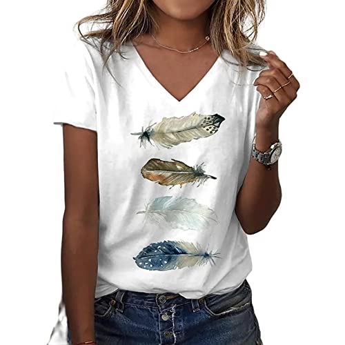 TOBILE Damen Kurzarm Frauen T-Shirts V-Ausschnitt Sommer Kurzarm Tops T-Shirts Feder Grafik Damen Kleidung Übergroße Damen von TOBILE