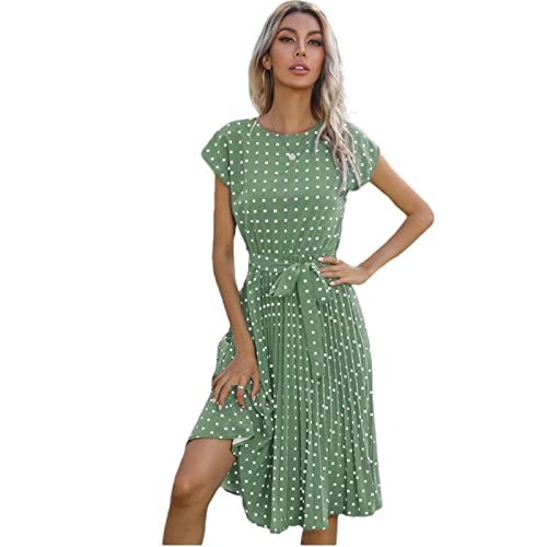 TOBILE Kleid Chiffon Damen Strand Sommerkleid Kurzarm Polka Dot Print Vestido A-Linie Blumen Elegant Hohe Taille Falten Casual Midi Kleider - Mintgrün, M von TOBILE