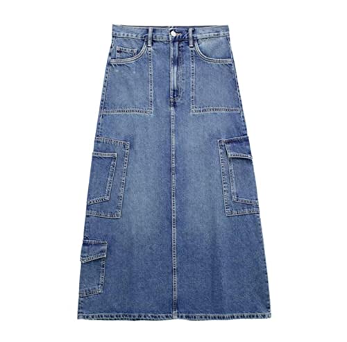 TOBILE Röcke Denim Lange Röcke für Frauen Blau Hohe Taille Röcke Frau Verblasster Schlitz Maxirock Frauen Frühling Knopf Rock Frau, Denim 3, 44 von TOBILE