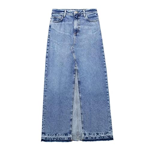 TOBILE Röcke Denim Lange Röcke für Frauen Blau Hohe Taille Röcke Frau Verblasster Schlitz Maxirock Frauen Frühling Knopf Rock Frau, Jeansrock, 40 von TOBILE