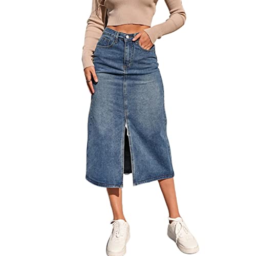 TOBILE Röcke Hohe Taille Gerade Denim Rock Damen Vintage Split Gabel Blau Lang Bodycon Bleistift Jeans Rock, blau, 34 von TOBILE