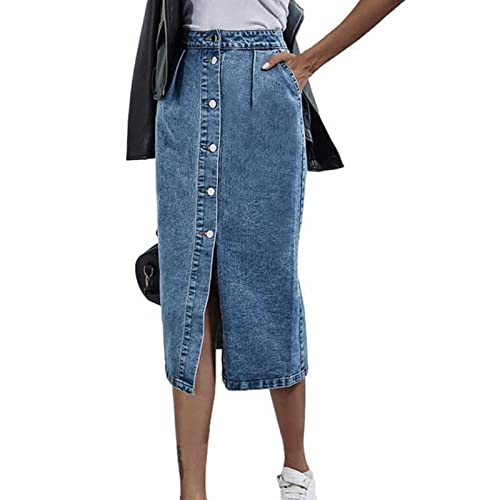 TOBILE Röcke Ingle Breasted Knielang Denim Rock Frauen Streetwear Casual Pocket Hohe Taille Gerade Jeans Rock, blau, 44 von TOBILE