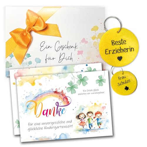 TOBJA Abschiedsgeschenk Erzieherin personalisiert mit Namen - Dankeschön Geschenke Kita XL Danke Karte, Schlüsselanhänger, Geschenkumschlag | Abschied Kindergarten (personalisiert mit Namen) von TOBJA