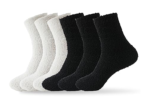 TOCONFFON Damen Kuschelige Flauschige Socken Weiche Plüsch Socken 6 Paar (3 weiß, 3 schwarz) von TOCONFFON