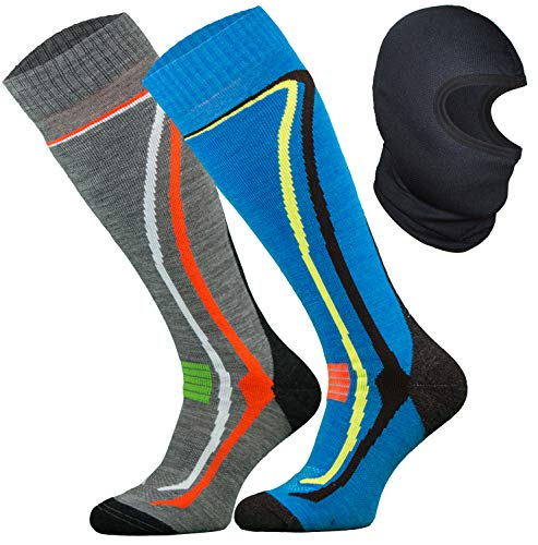 TODO 2 Paar Warme 50% Merino Skisocken Herren und Skisocken Damen Thermoaktiv, Atmungsaktiv Ski Socken und Ski Sturmhaube (Grau-Blau, 35-38/2 Paar) von TODO