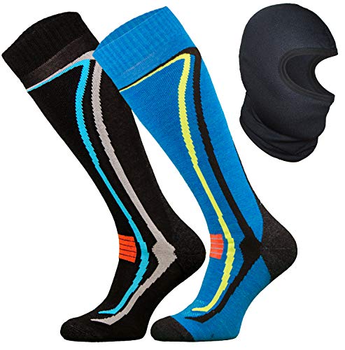 TODO 2 Paar Warme 50% Merino Skisocken Herren und Skisocken Damen 35-38 Thermoaktiv, Atmungsaktiv Ski Socken und Ski Sturmhaube (Schwarz-Blau, 35-38/2 Paar) von TODO