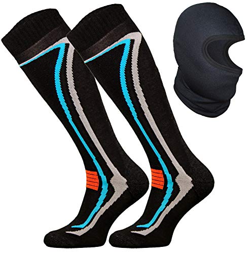 TODO 2 Paar Warme 50% Merino Skisocken Herren und Skisocken Damen Thermoaktiv, Atmungsaktiv Ski Socken und Ski Sturmhaube (Schwarz-Schwarz, 39-42/2 Paar) von TODO