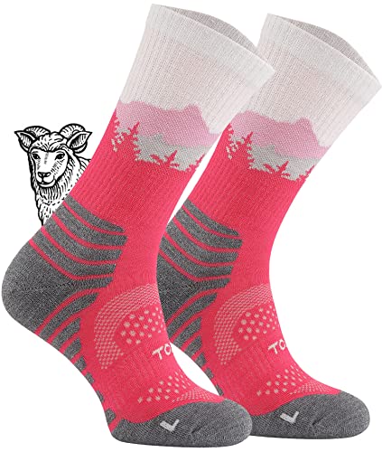 TODO BP Dünn Merino Wandersocken Kinder 55% Merinowolle Socken. Also TrekkingSocken für Damen, Herren Atmungsaktiv Funktionssocken Outdoor (Falcon Fuchsie, 27-30) von TODO