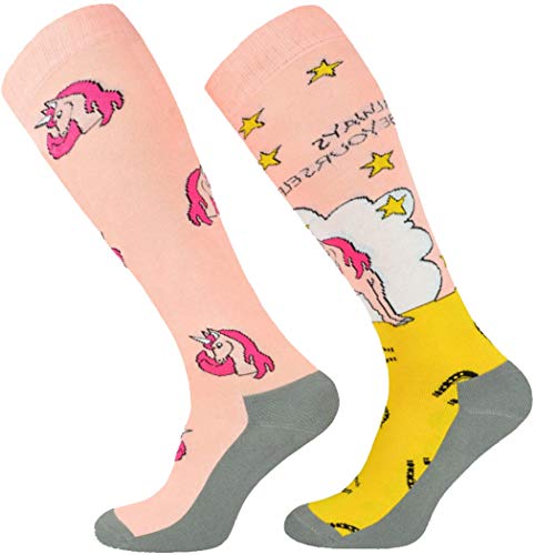 TODO Comodo Reitsocken Bunt mit Motiv STJBW | Baumwolle Reitstrümpfe Reiter Kniestrümpfe für Damen Mädchen Kinder (STJBW 06 - Pink Unicorn, 31-34) von TODO