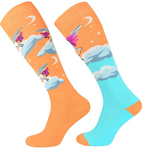 TODO Comodo Reitsocken Bunt mit Motiv STJBW | Baumwolle Reitstrümpfe Reiter Kniestrümpfe für Damen Mädchen Kinder (STJBW 07 - Orange Unicorn, 31-34) von TODO