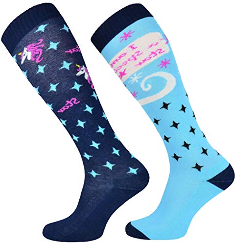 TODO Comodo Reitsocken Bunt mit Motiv STJBW | Baumwolle Reitstrümpfe Reiter Kniestrümpfe für Damen Mädchen Kinder (STJBW 08 - Blue Unicorn, 35-38) von TODO