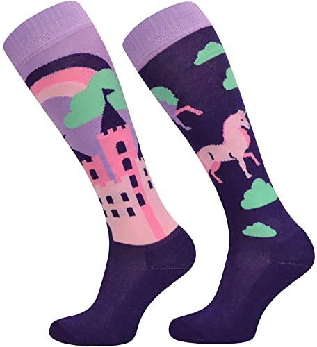 TODO Comodo Reitsocken Bunt mit Motiv STJBW | Baumwolle Reitstrümpfe Reiter Kniestrümpfe für Damen Mädchen Kinder (STJBW 16 - Purple Unicorn, 31-34) von TODO