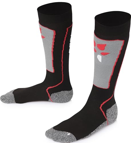 TODO SKISOCKEN Kinder Thermosocken Kniestrümpfe mit Merinowolle - Kinder Skisocken für Mädchen und Jungen (31, Schwarz-Rot) von TODO