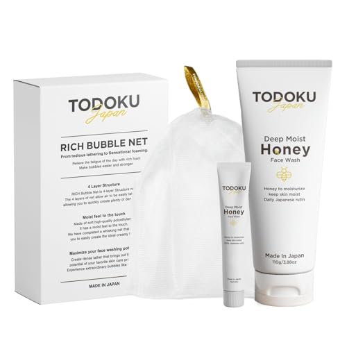 TODOKU JAPAN Deep Moist Honey Face Wash - 110g + 10g Travel Size & Rich Bubble Face Wash Whip Maker Soap Net (1, GOLD) von TODOKU JAPAN