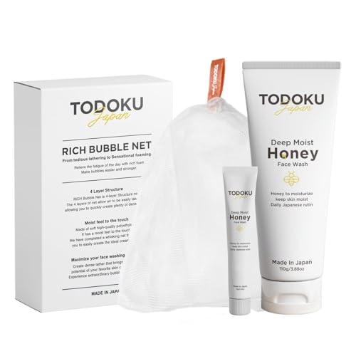 TODOKU JAPAN Deep Moist Honey Face Wash - 110g + 10g Travel Size & Rich Bubble Face Wash Whip Maker Soap Net (1, Pink) von TODOKU JAPAN