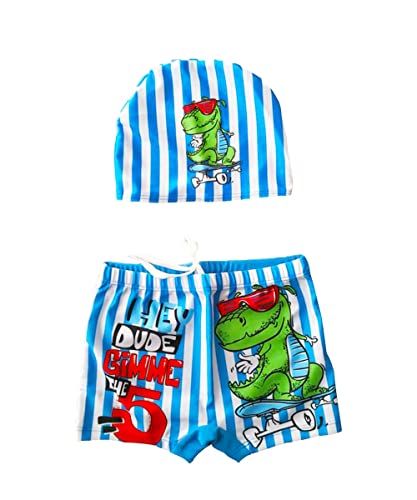 TODREMOU Badehose Jungen, 3-8 Jahre Alt, Skateboard-Dinosaurier-Muster, mit Badekappe von TODREMOU