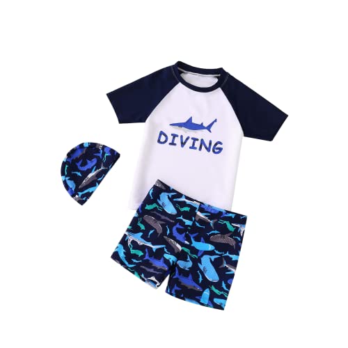 UV Shirt & Badehose Kinder Jungen 2-10 Jahre - UV Badeset Junge Badeshirt Schwimmshirt Badeshorts UV-Schutz UPF 50+ (DE/NL/SE/PL, Alter, 6 Jahre, 7 Jahre, Regular, Hai1) von TODREMOU