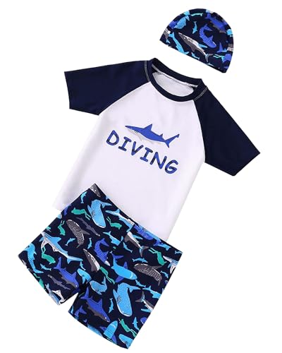 UV Shirt & Badehose Kinder Jungen 2-10 Jahre - UV Badeset Junge Badeshirt Schwimmshirt Badeshorts UV-Schutz UPF 50+ (DE/NL/SE/PL, Alter, 8 Jahre, 9 Jahre, Regular, Hai1) von TODREMOU