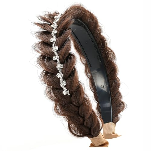 TOECWEGR Geflochtenes Haarband Kristall VerschöNert Unordentlich Breit 2 SträHnen Flauschige Zopf PerüCke Mit ZäHnen Damen Stirnband von TOECWEGR
