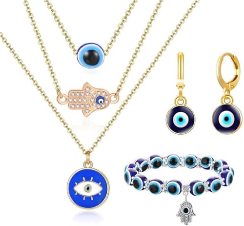 TOEECY 5 Stück Nazar Amulett Schmuckset Hamsa Hand Anhänger Halsketten Armband Ohrringe Glücksauge Talisman Mehrschichtige Kette Schmuck von TOEECY