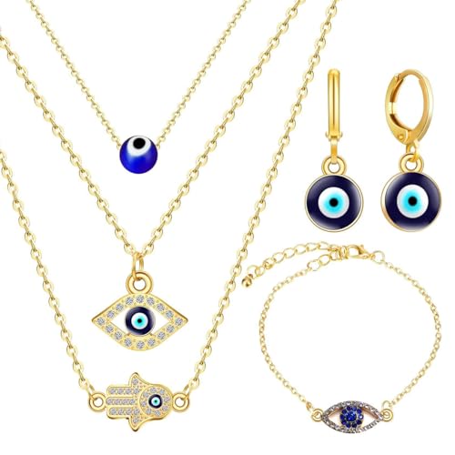 TOECCY Evil Eye Halsketten Armband Set Türkisches Schmuckset für Damen Herren Evil Eye Ohrringe Set Hamsa Blaues Auge Amulett Dekoration Schutzarmband (5 Stück#B) von TOEECY