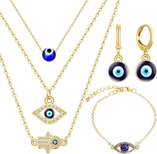 TOEECY 5 Stück Nazar Amulett Schmuckset Hamsa Hand Anhänger Halsketten Armband Ohrringe Glücksauge Talisman Mehrschichtige Kette Schmuck von TOEECY