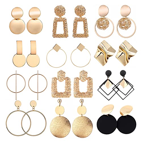 TOEECY 12 Paar Statement Ohrringe für Damen Mädchen Große Metallic Ohrringe Set Geometrische quadratische Creolen Drop Stud Ohrringe in Goldfarbe Hypoallergen Plättchen Hängeohrringe von TOEECY