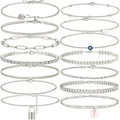 TOEECY 14 Stück Fußkettchen Set Silberfarbig Knöchelarmband Kollektion Rose Herz Blatt Muster Gliederkette Schmuck Damen Accessoires Sommer Strand Schmuckset von TOEECY