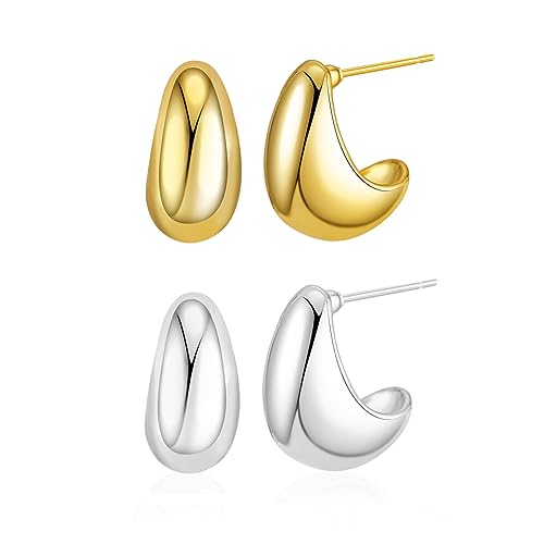 TOEECY 2 Paar Chunky 18k Dupes Ohrringe Gold für Damen Versilbert Dicke Creolen leichte Waterdrop Hollow Open Hoops Hypoallergene Vergoldete Ohrringe Modeschmuck für Frauen und Mädchen (#2) von TOEECY